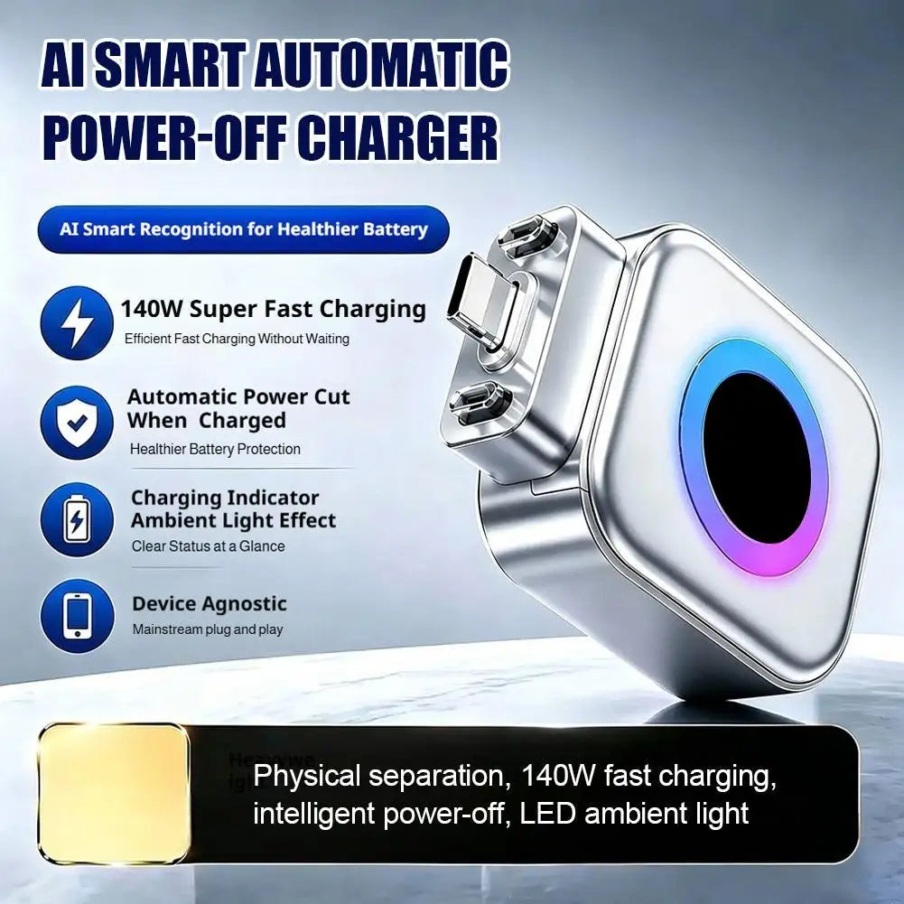 140W Fast Charging Smart Automatic Power-Off Charger Type-C Plug Overcharge Protection Charger Silver LED Light Phone Connector