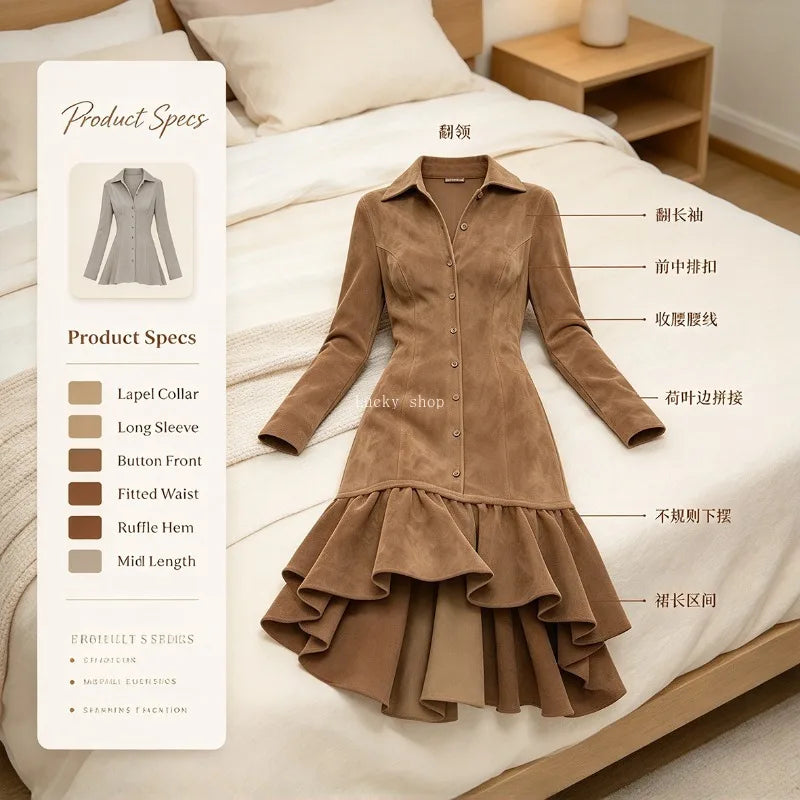 Women's Suede Shirt Dress with Lapels, Long Sleeves, Button Front, Asymmetrical Hem and Ruffle Detail, Midi Length