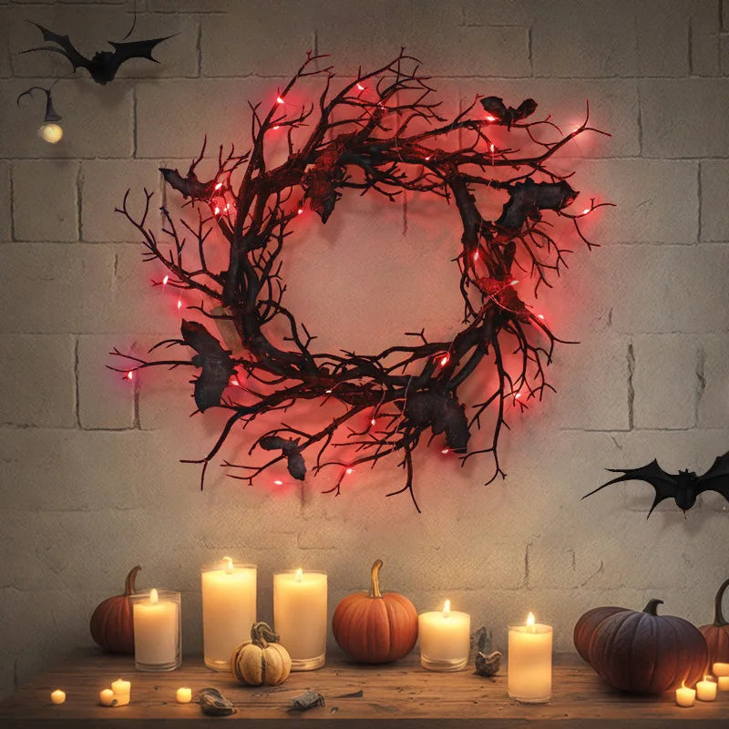 Halloween Artificial Wreath Bat Black Branch Wreaths Wreath For Front Door With LED Light Window Home Decor Halloween Decoration