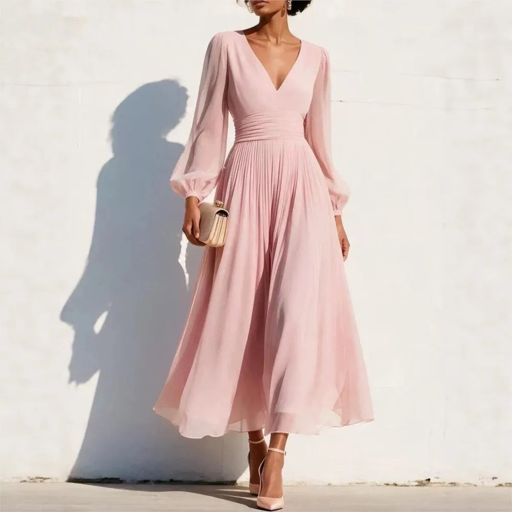 Damen-Midikleid mit langen Ärmeln und V-Ausschnitt