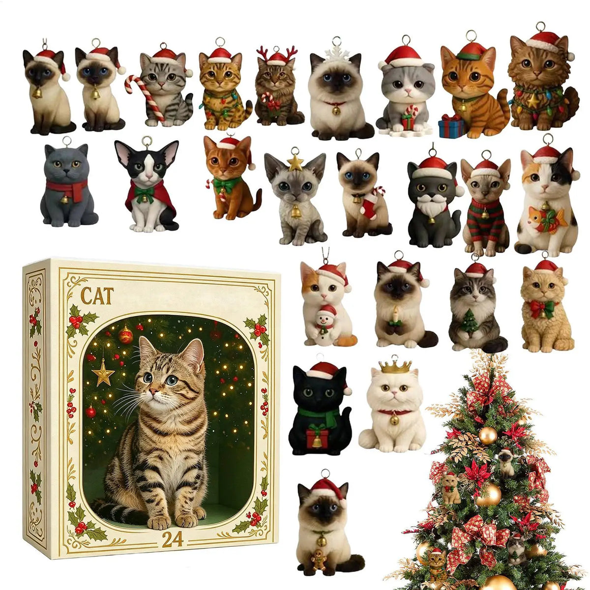 Calendrier de l’Avent pour chat de Noël, 24 jours, décorations pour sapin en acrylique 2D à suspendre, cadeau à collectionner