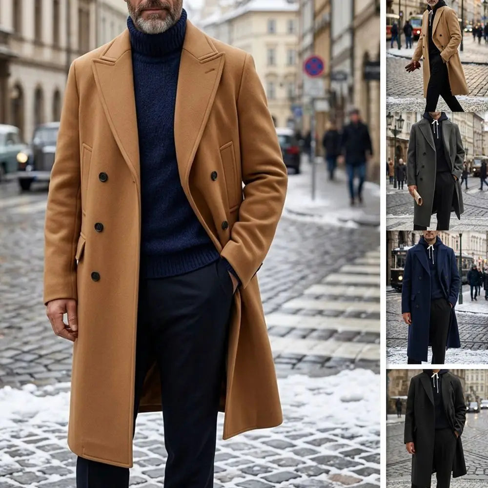 Men Wool Blends Overcoat Double Breasted Classic Lapel Long Trench Coat Formal Work Y2k Streetwear Casual Jacket Autumn Winter