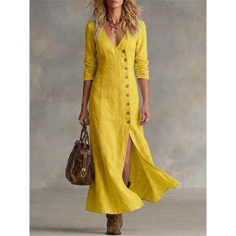 Abito midi con scollo a V e bottoni