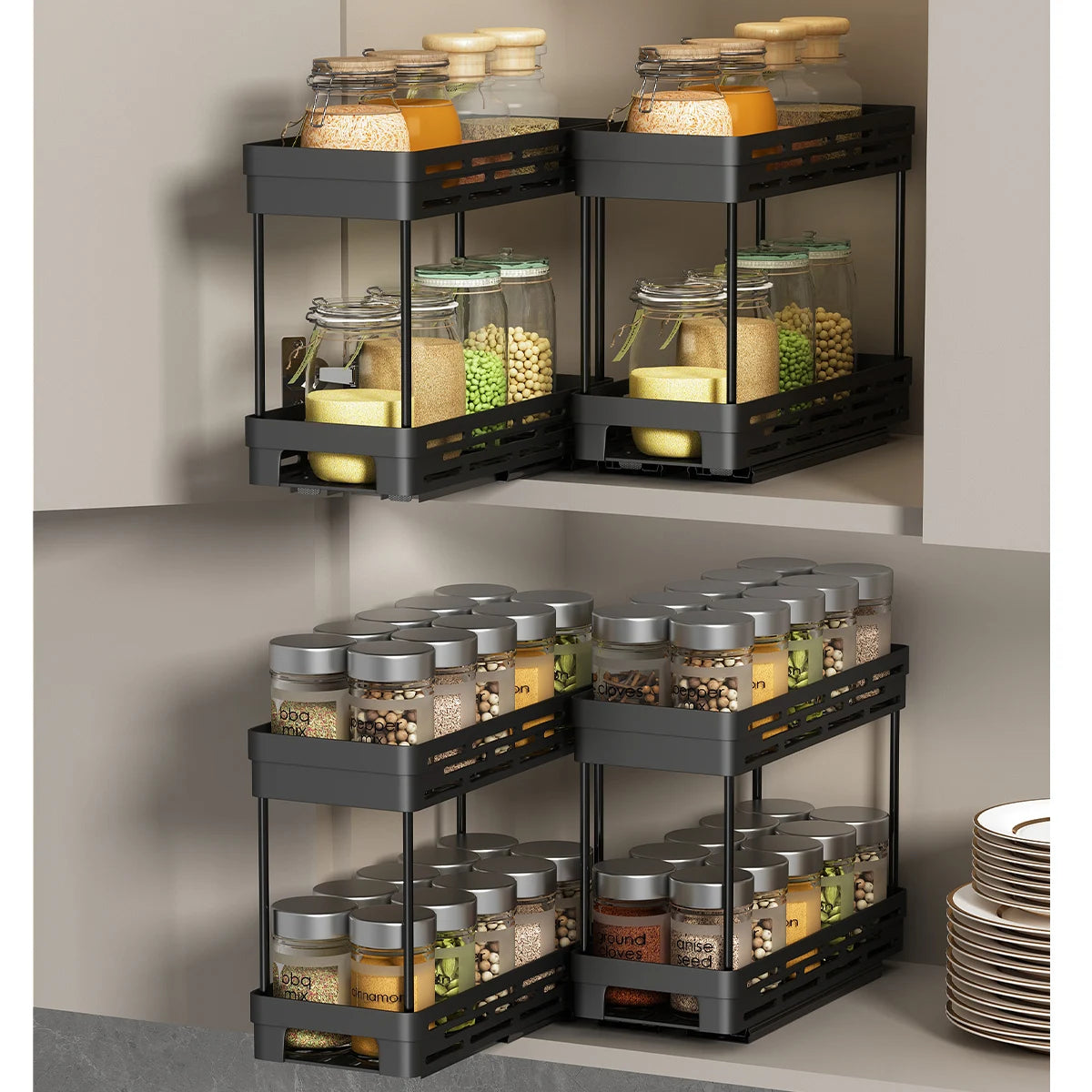 Especiero de gran capacidad con 2 niveles extraíbles, estante organizador multiusos de plástico para armarios de cocina