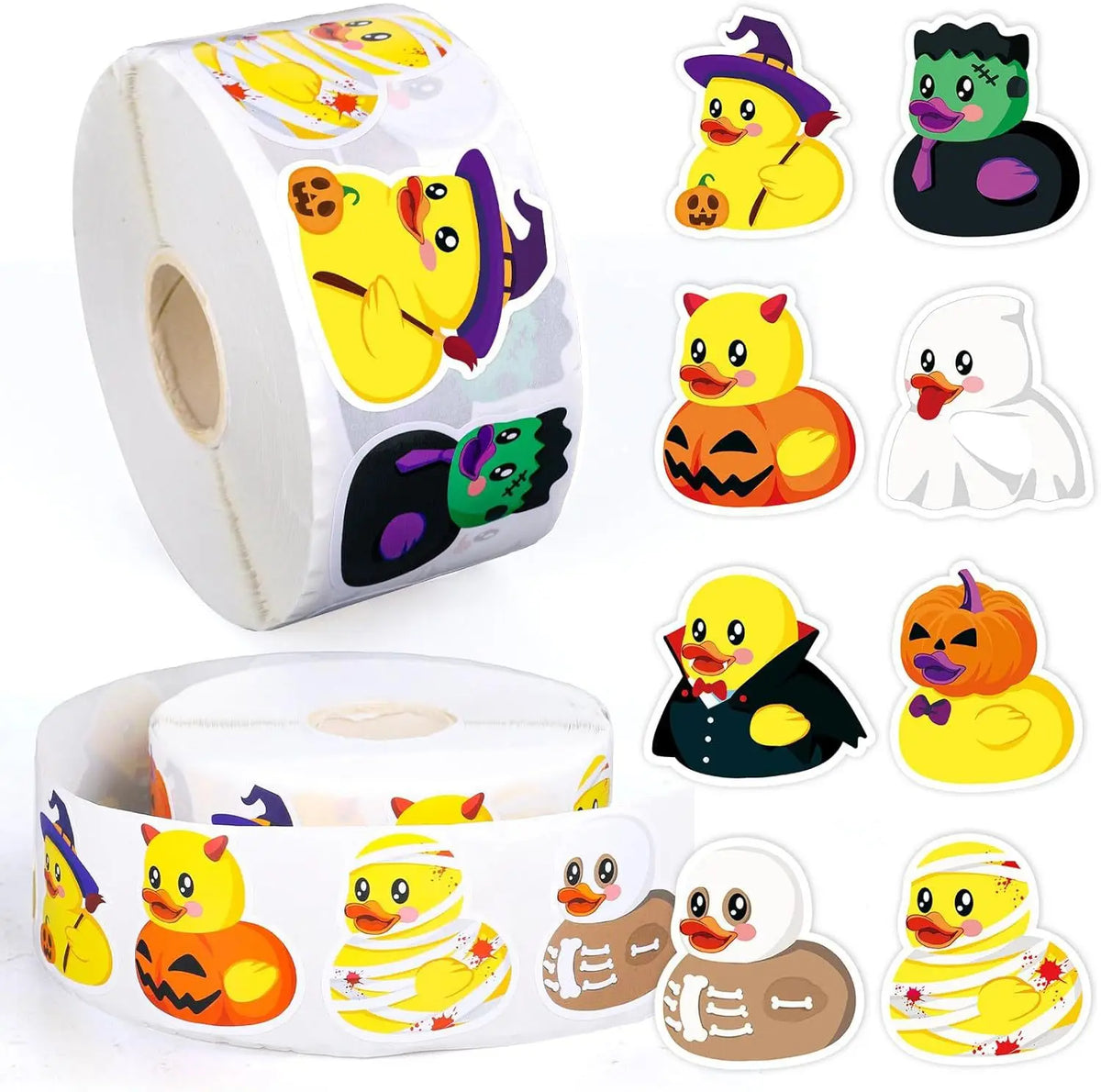 500 Stück Halloween Gummi-Enten Rollenaufkleber Lustige Cartoon-Enten Etiketten für Umschläge, Scrapbook, Süßes oder Saures Partyzubehör