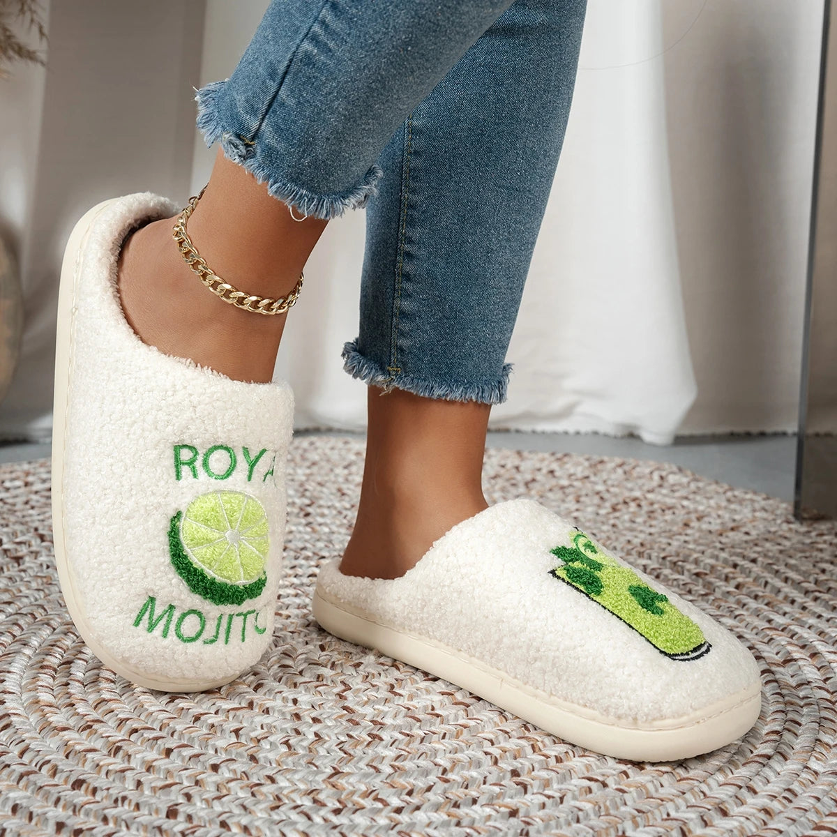 Chaussons d’intérieur pour femme, motif Royal Mojito, confortables et chauds, pour enterrement de vie de jeune fille, chaussons duveteux pour la maison, cadeau d’hiver pour maman et fille