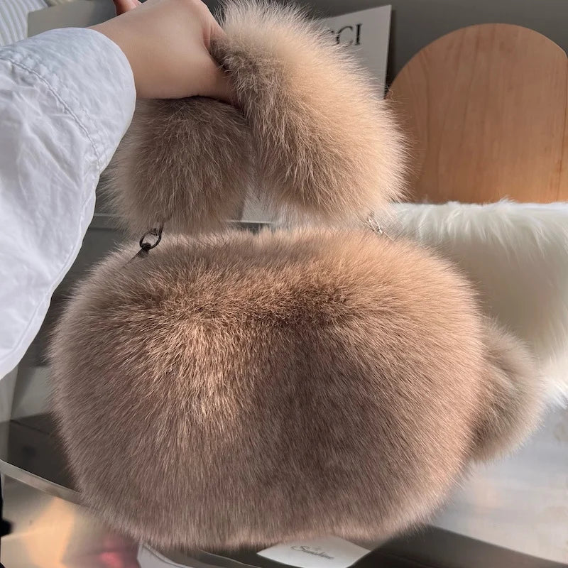Real Fox Fur Small Square Bag Fashion Soft Plush Handbag Luxury Crossbody Shoulder Bag Fuzzy Fluffy Tote Bag For Women Purse