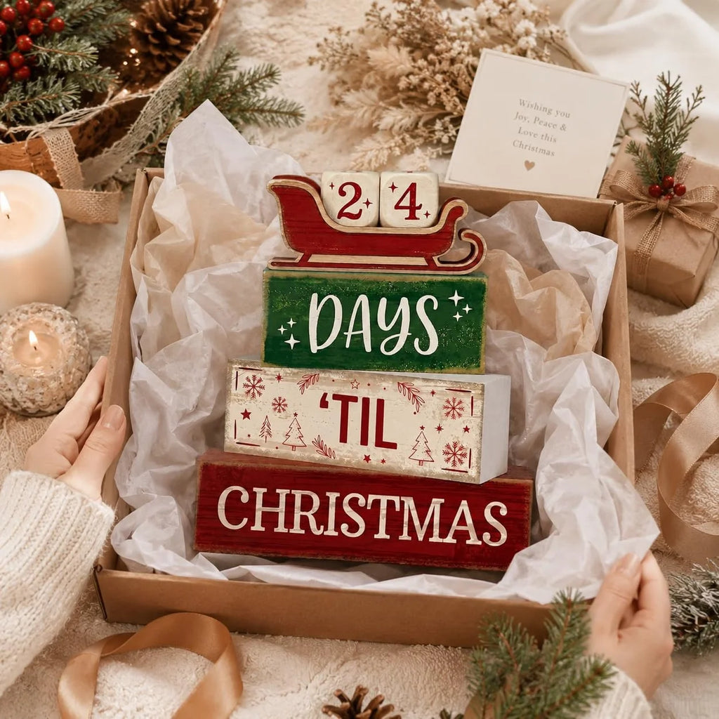 Décorations de Noël en bois pour intérieur, décor de table rustique style ferme, calendrier de l'Avent en bois en forme de traîneau avec compte à rebours avant Noël