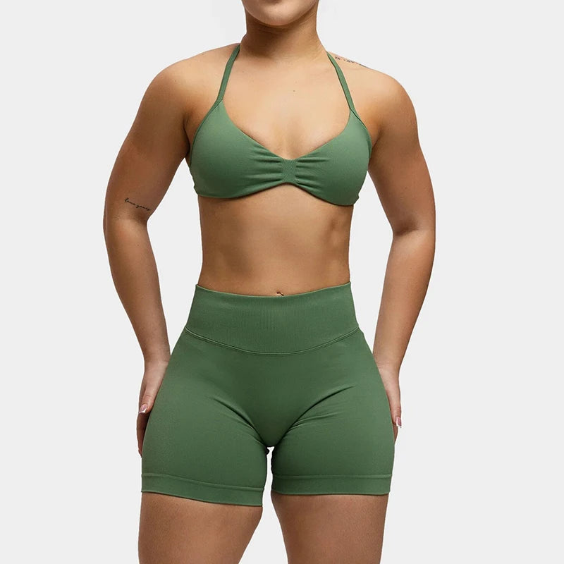 2PCS DF Gym Set Women Strappy Yoga Bra Top Sportswear Workout Scrunch Shorts Sports Suit Seamless Set Fitness Clothes