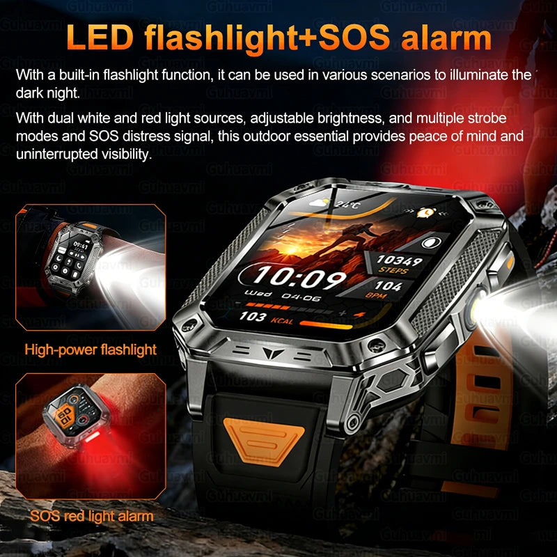 New 1500mAh Military Outdoor Smartwatch For Men LED Flashlight IP69K Waterproof GPS Sports 2.01-inch Bluetooth Call Smart Watch