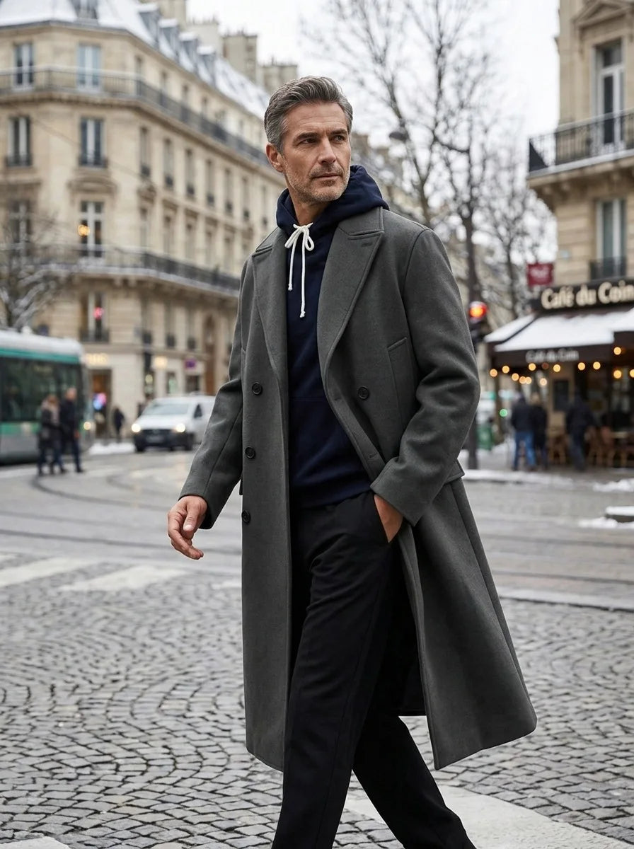 Men Wool Blends Overcoat Double Breasted Classic Lapel Long Trench Coat Formal Work Y2k Streetwear Casual Jacket Autumn Winter