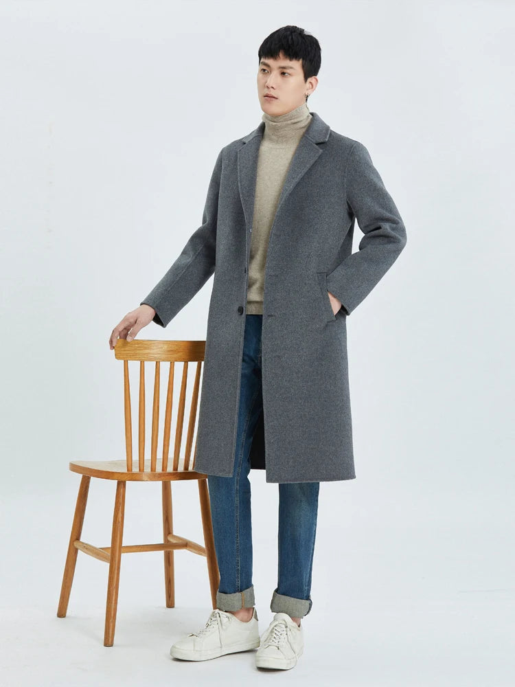 2026 Autumn/Winter New Men's Premium All-Wool Mid-Length Double-Faced Casual Trench Coat, Wool Overcoat