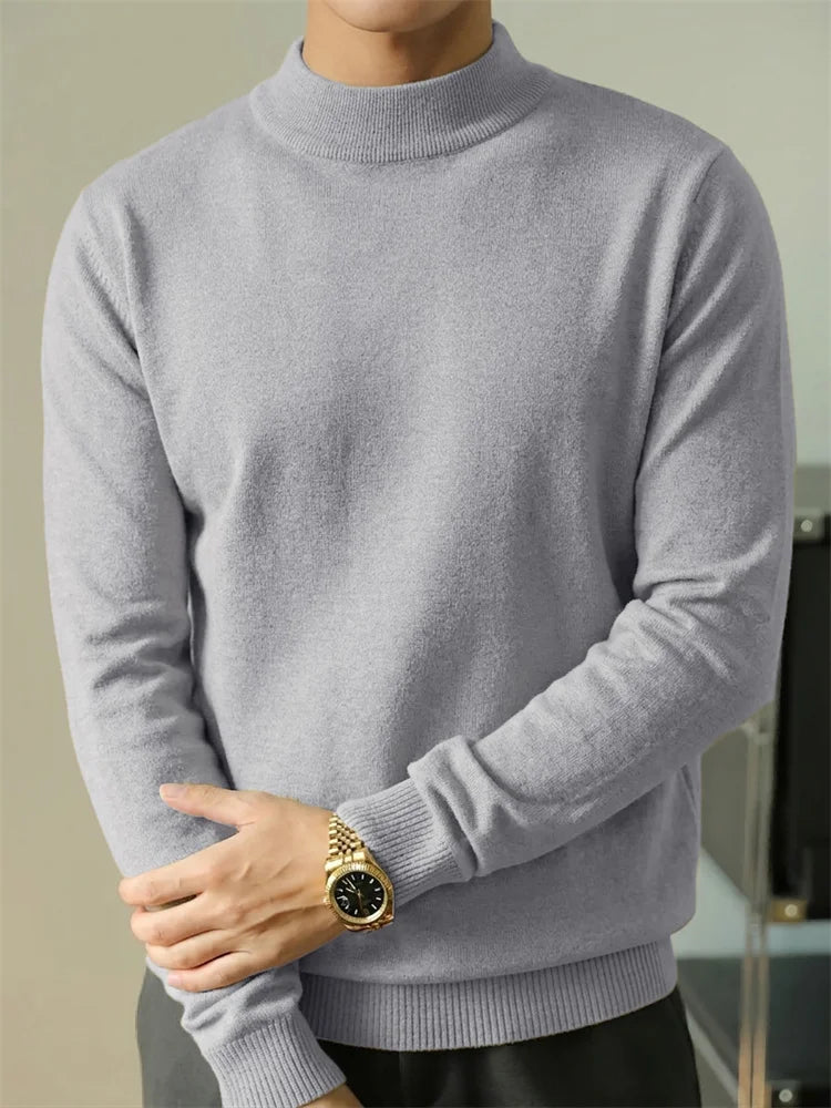 Autumn Men's Sweater Slim Fit Long Sleeve Mock Neck Casual Warm Knitwear Solid Color Fashion Simple Style Knitted Pullovers