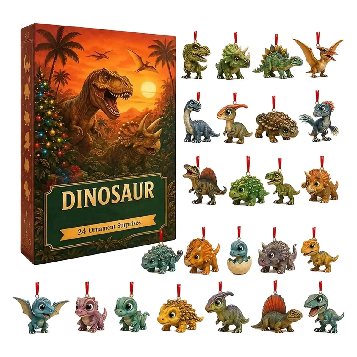 2026 Dinosaur Advent Calendar 24 Day Christmas Countdown Calendar 2D Acrylic Flat Dinosaur Pendant Tree Ornament Holiday Gift