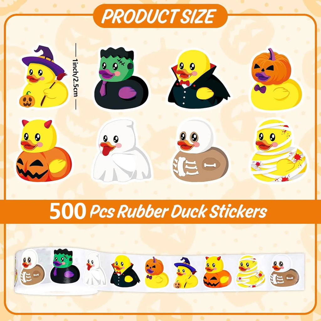 500 Stück Halloween Gummi-Enten Rollenaufkleber Lustige Cartoon-Enten Etiketten für Umschläge, Scrapbook, Süßes oder Saures Partyzubehör