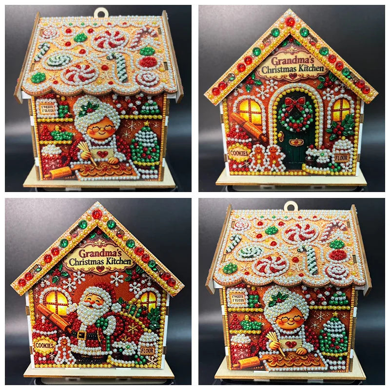 Diamond Painting Kit, Wooden Christmas House, DIY Gingerbread House, 3D Assembled Craft, Christmas Home Decor, Santa Snowman Dee