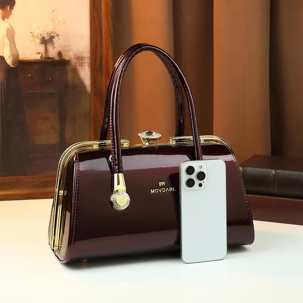 2026 New Retro Lacquer Leather Diamond Set Handbag, Banquet Wedding Shoulder Bag