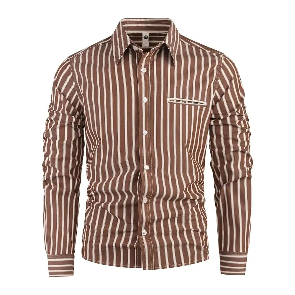 Autumn Men's Casual Business Striped Shirt Long Sleeve Lapel Collar Button Up Fashion Slim Fit Classic Tops Male Clothing