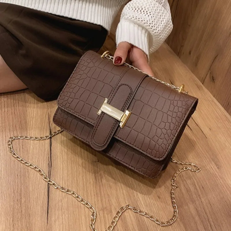 Women Crocodile Pattern PU Leather Square Bag Luxury Gold Chain Crossbody Bag Fashion Shoulder Handbag For Ladies Daily Party