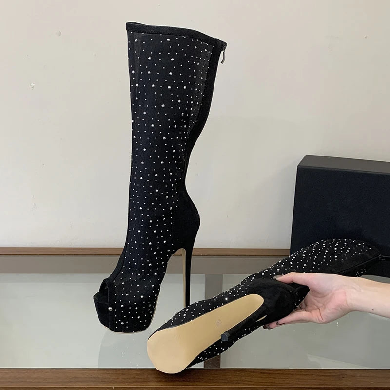 Stivali donna Liyke in rete con strass e plateau