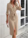 Abito chemisier lungo da donna in poliestere con scollo a V