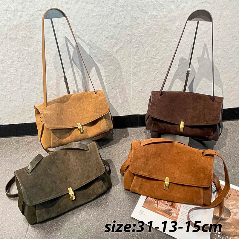 Genuine Suede Women's Bag 2026 Luxury Designer Shoulder Bags Flap Lock Lady Tote Handbag Natural Real Leather Commute Bags Woman