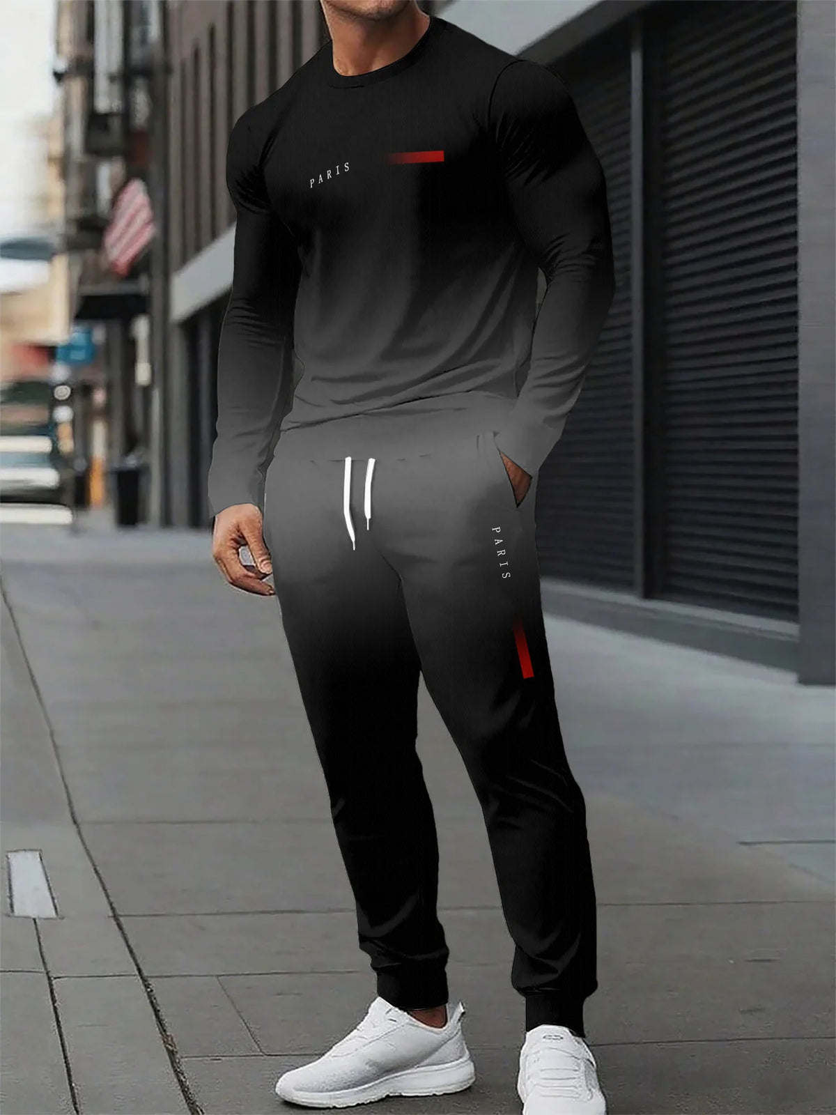 Men's Two-Piece Set Autumn 2026 New Arrival Black White Tie-Dye Panel Print Stylish Crew Neck Sporty Trendy Streetwear Style