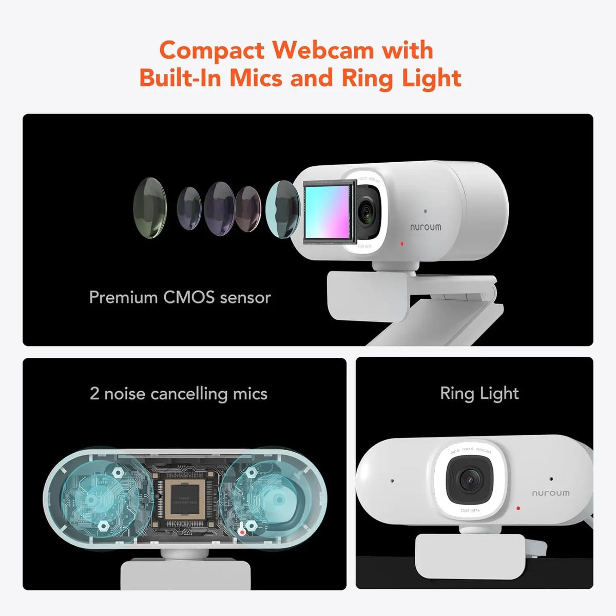 NUROUM V15AFL 2K Auto Focus Webcam with Ring Light, White USB HD Web Camera for PC Laptop, 1080P Low Light Enhancement, Noise Cancelling Mic, Plug & Play for Zoom Teams Video Conferencing Remote Work