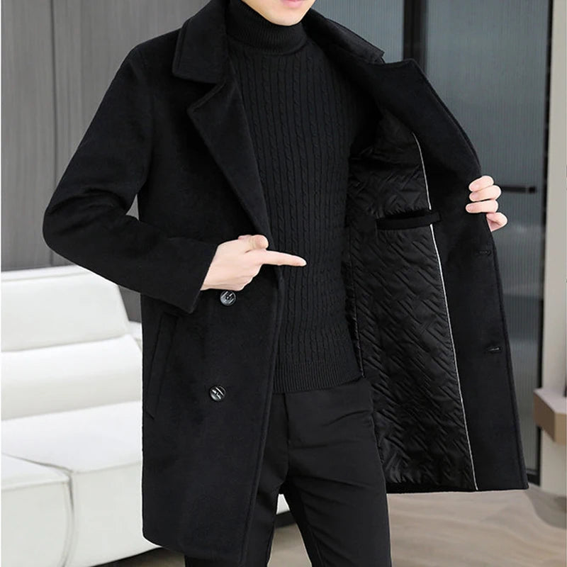 Business Casual Men's Top Mid-Length Woolen Coats 2026 Winter Warm Wool Overcoat Outwear Cotton-Thicken Liner Windbreaker Jacket