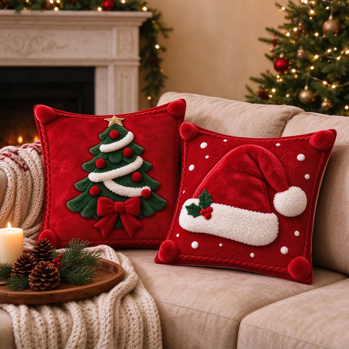 2D-bedruckter Weihnachtskissenbezug, Kissenhülle mit Weihnachtsmannmütze und Weihnachtsbaum, 45 x 45 cm, Polyester, Dekokissen für Sofa und Festtage