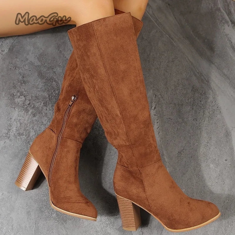 Retro-Reitstiefel aus Wildleder für Damen, kniehoch, Winter 2025, mit seitlichem Reißverschluss, hohen Absätzen, im Western-Cowboy-Stil, warm gefüttert, Lederschuhe, Größe 35