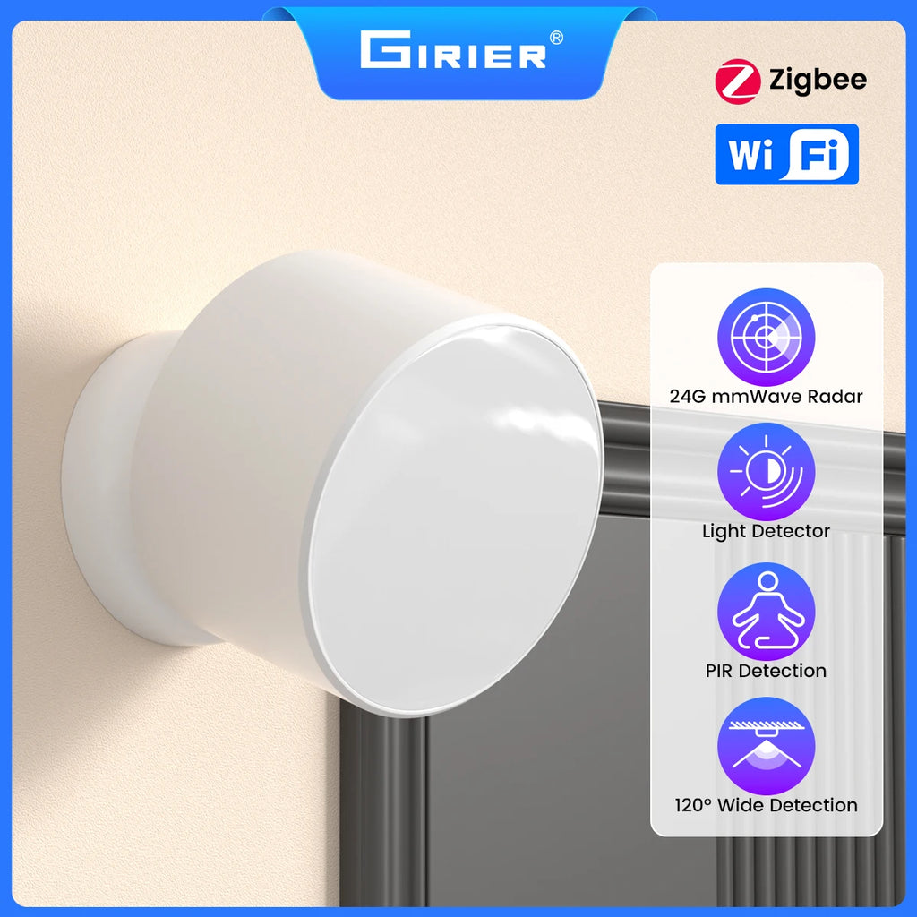GIRIER Tuya ZigBee Smart Human Presence Sensor 24GHz mmWave Radar Detector with PIR Sensor Supports Light Detection APP Monitor
