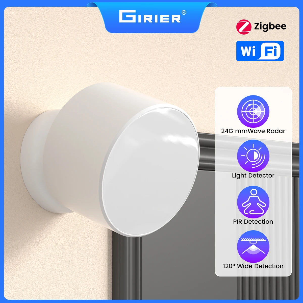 GIRIER Tuya ZigBee Smart Human Presence Sensor 24GHz mmWave Radar Detector with PIR Sensor Supports Light Detection APP Monitor