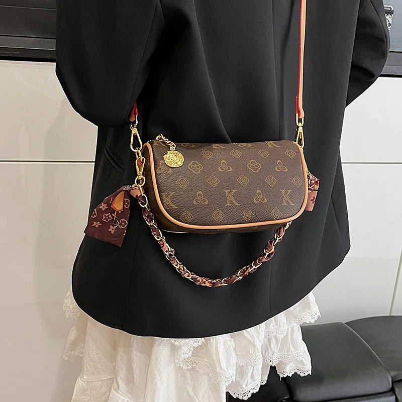 Women Fashion Floral Letter Print Shoulder Bag Retro Saddle Bag Luxury Brand Purse Elegant Messenger Tote Bag Adjustable Strap