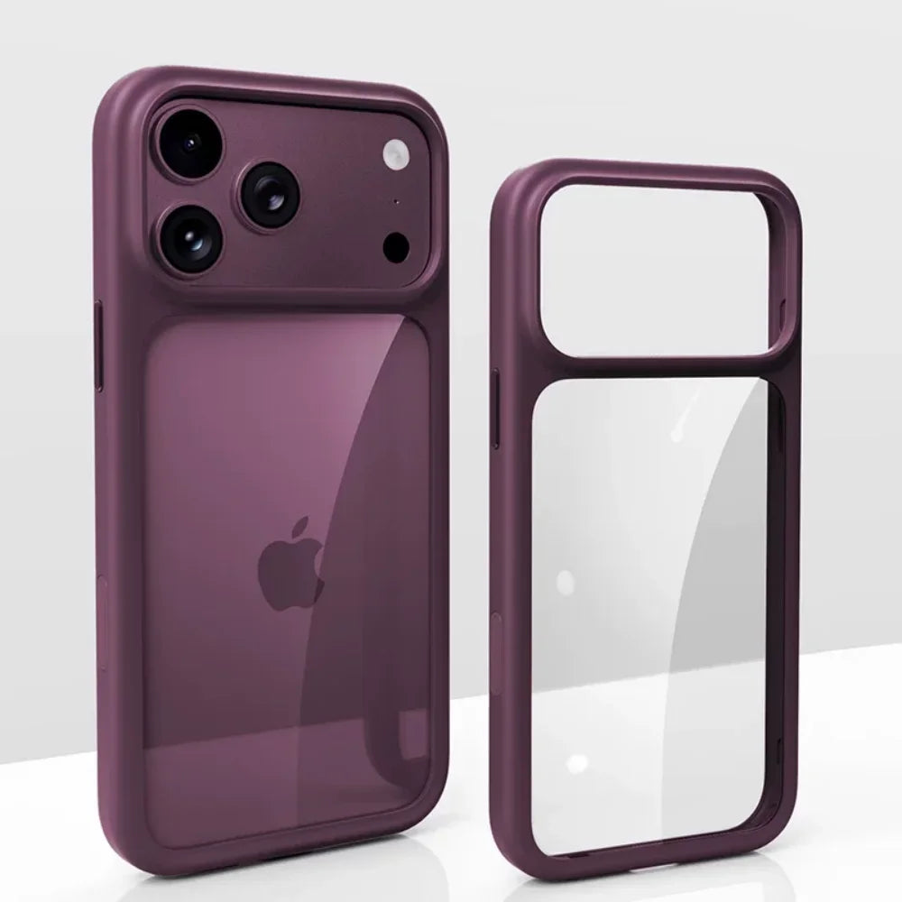 Luxury Burgundy Clear Phone Case For iPhone 17 18 Pro Max 17 18Pro Metal Buttons Skin Feel AI Touch Shockproof Protective Cover