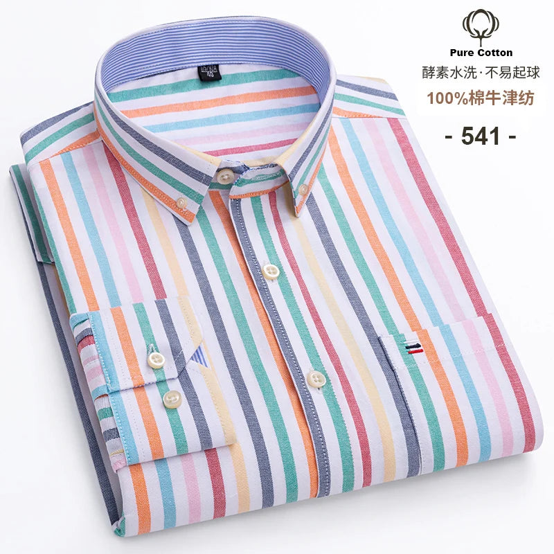 100% Cotton Oxford Men's Shirts Long Sleeves Plaid Soft Regular Fit Formal Dress Shirt Pocket Social Blouse Male Clothes S-7XL