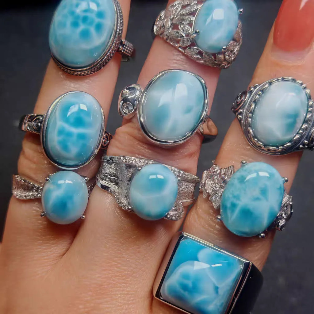 Natural Blue Larimar Ring Jewelry Dominia Larimar Bead Adjustable Rare Larimar Oval Water Pattern Fashion AAAAAA