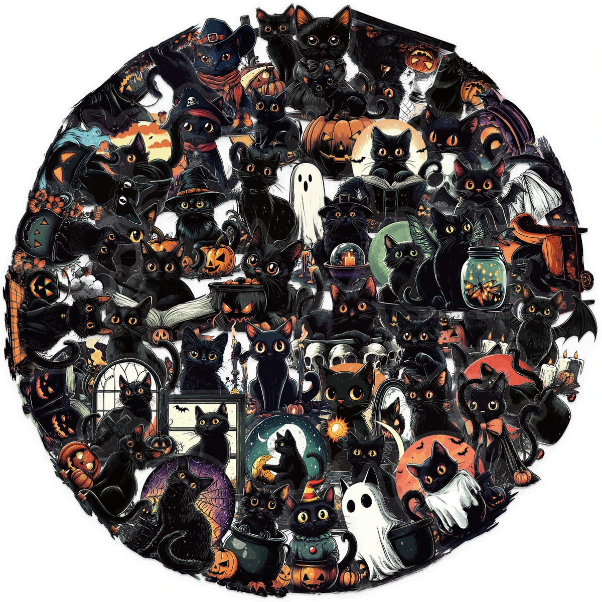 50pcs Halloween Cute Goth Black Cat Stickers Pumpkin Cartoon PET Sticker DIY Guitar Scrapbook Helmet Cool Graffiti Decals Toy