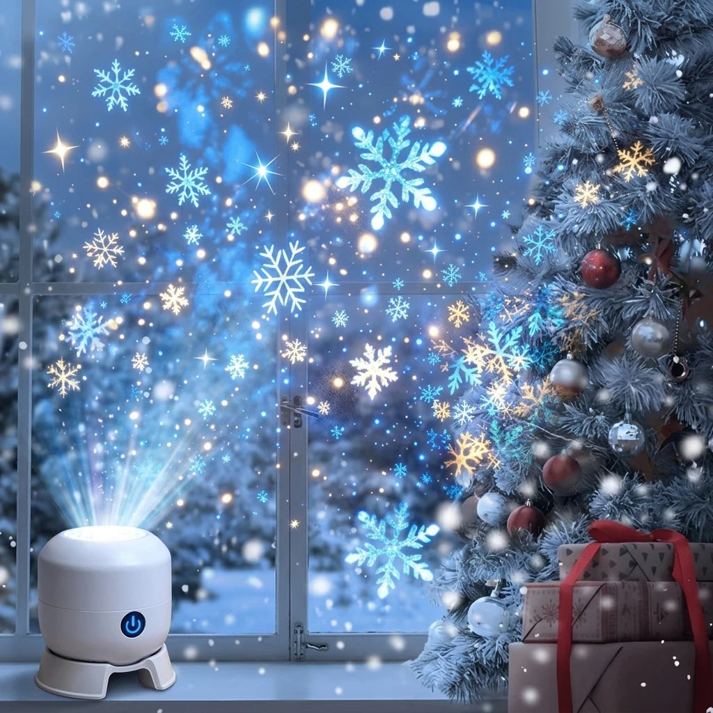 360° Rotating Christmas Snowflake Projector Light USB Rechargeable Dynamic Projection for Bedroom Holiday Party Christmas Decor