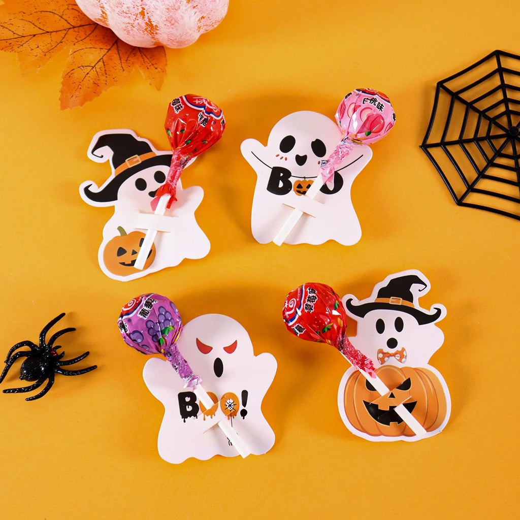 48 cartes porte-sucettes d’Halloween avec motifs mignons de citrouille et de fantôme, pour décoration de fête d’anniversaire ou d’Halloween et cadeaux DIY.