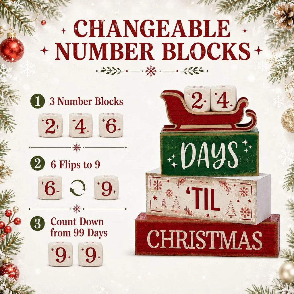 Décorations de Noël en bois pour intérieur, décor de table rustique style ferme, calendrier de l'Avent en bois en forme de traîneau avec compte à rebours avant Noël