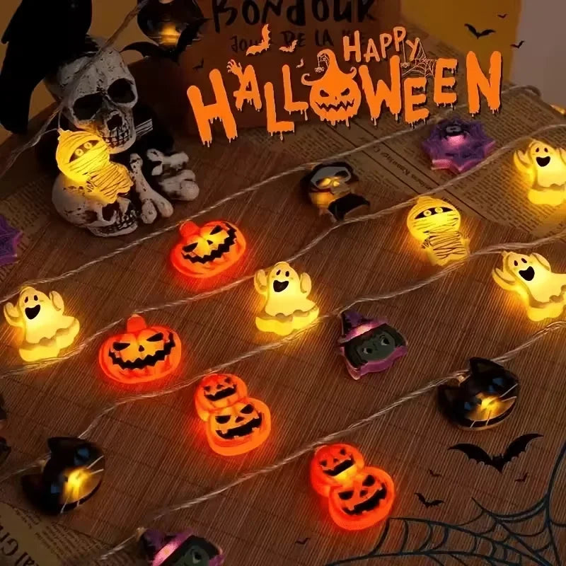 Guirlande lumineuse LED Halloween 10/20 lumières Fantôme Citrouille Momie Squelette Araignée Guirlande à piles pour fête Décoration de maison hantée