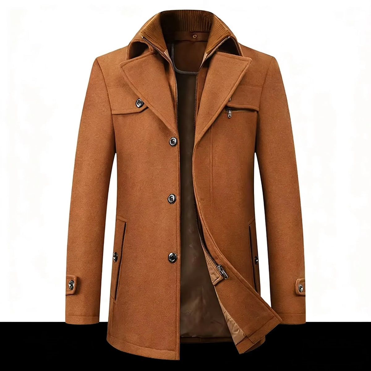 2026 Autumn Winter Men's Double Collar Woolen Coat Medium Length Style Casual Cotton Thickened Warm Outdoor Pure Color Coat