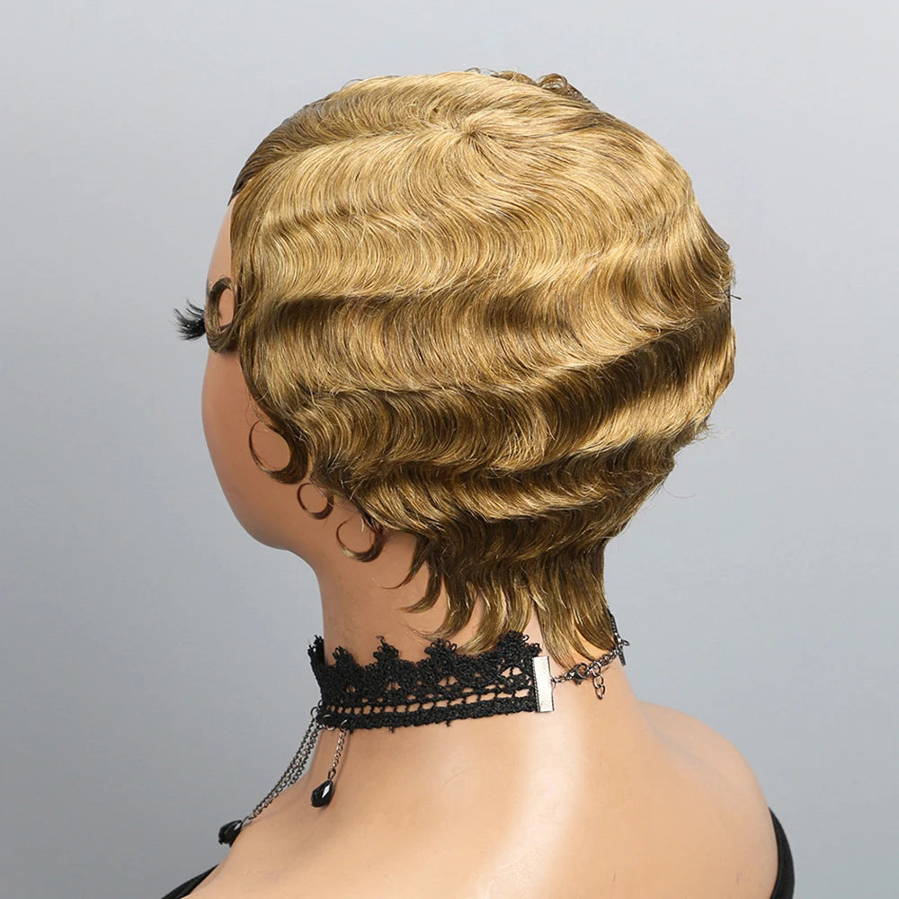 Perruque courte à ondulations en doigt en cheveux naturels pour femme, densité 180 %, brune, coupe pixie à ondulations effet océan, aspect naturel