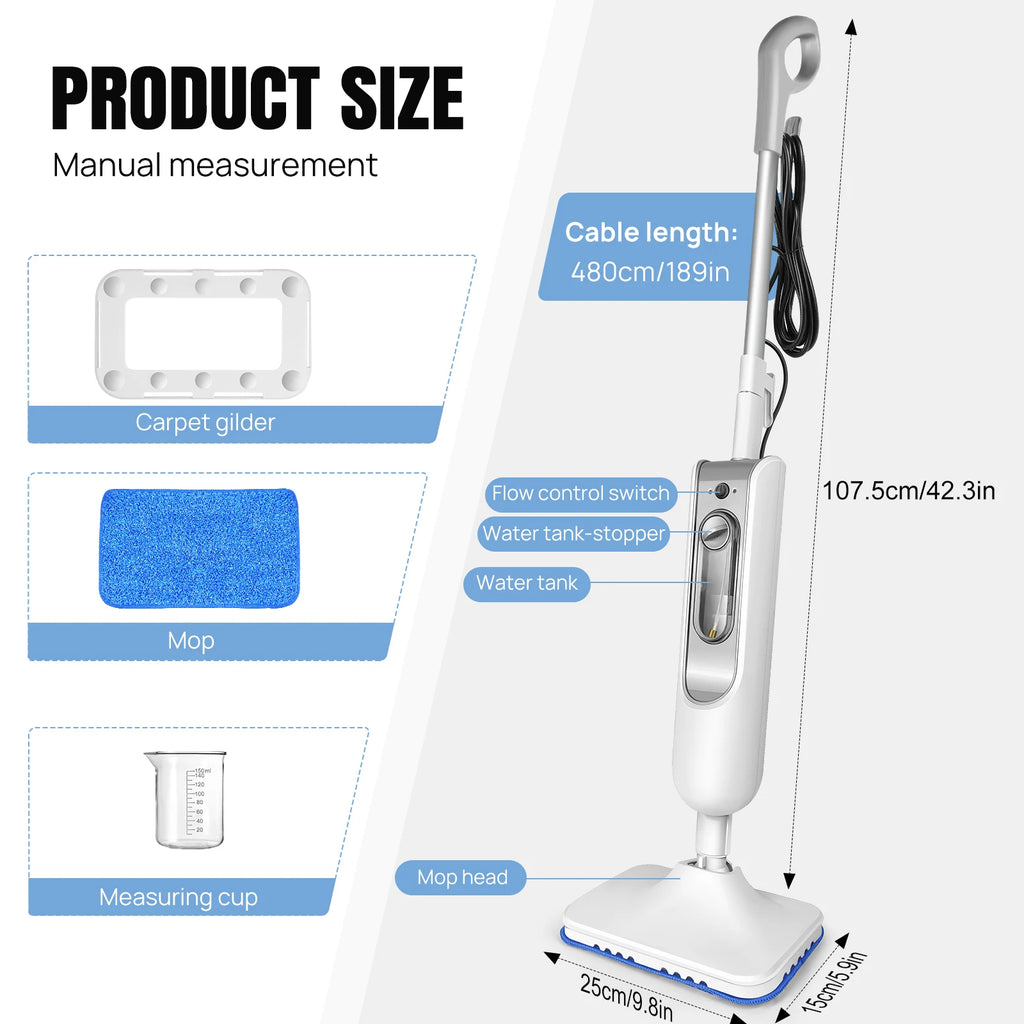Mopa vaporizadora White Home 1500 W, vaporizador de suelos de 2 velocidades con mango extraíble para baldosas y madera