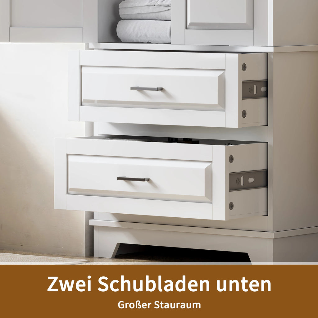 Comanlai moderner weißer Aufbewahrungsschrank 157 x 60 x 40 cm, multifunktionaler Holzschrank mit 2 Türen und 2 unteren Schubladen, einfach aufzubauendes Bücherregal und Ablagesystem für Wohnzimmer, Schlafzimmer, Küche, Badezimmer und Büro