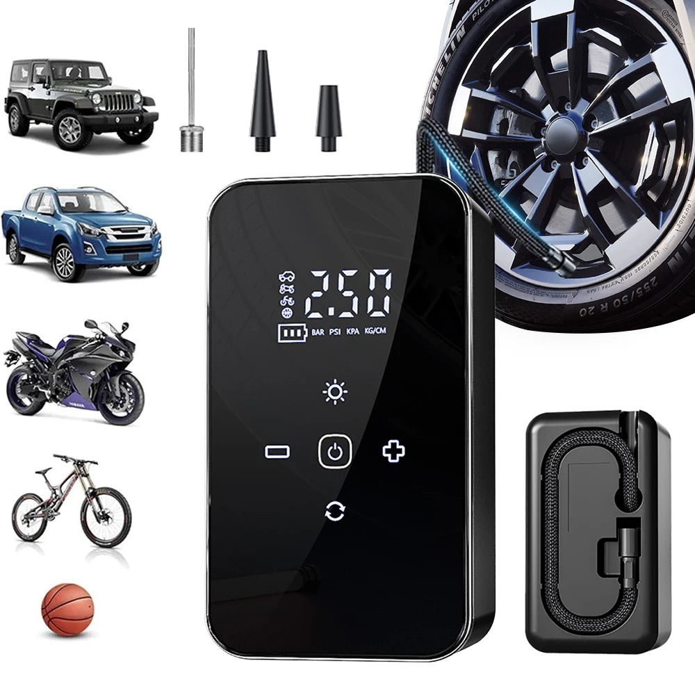 Gonfleur d’air électrique portable sans fil à écran tactile, mini-compresseur pour pneus de moto, vélo et voiture, ainsi que pour ballons