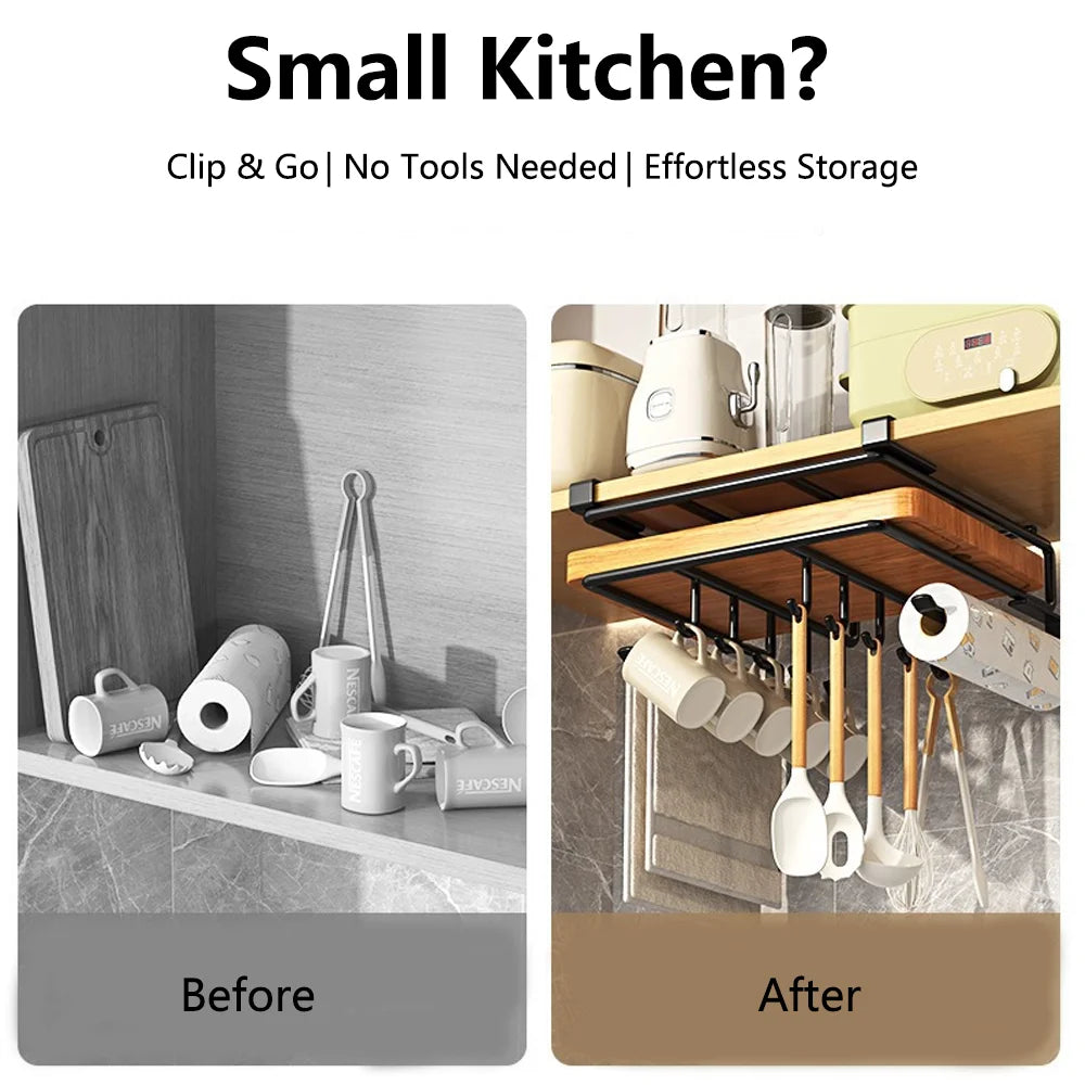 Organizador de cocina para debajo del armario con ganchos, estante de almacenamiento multiusos para toallas de papel, tabla de cortar y tapas de ollas