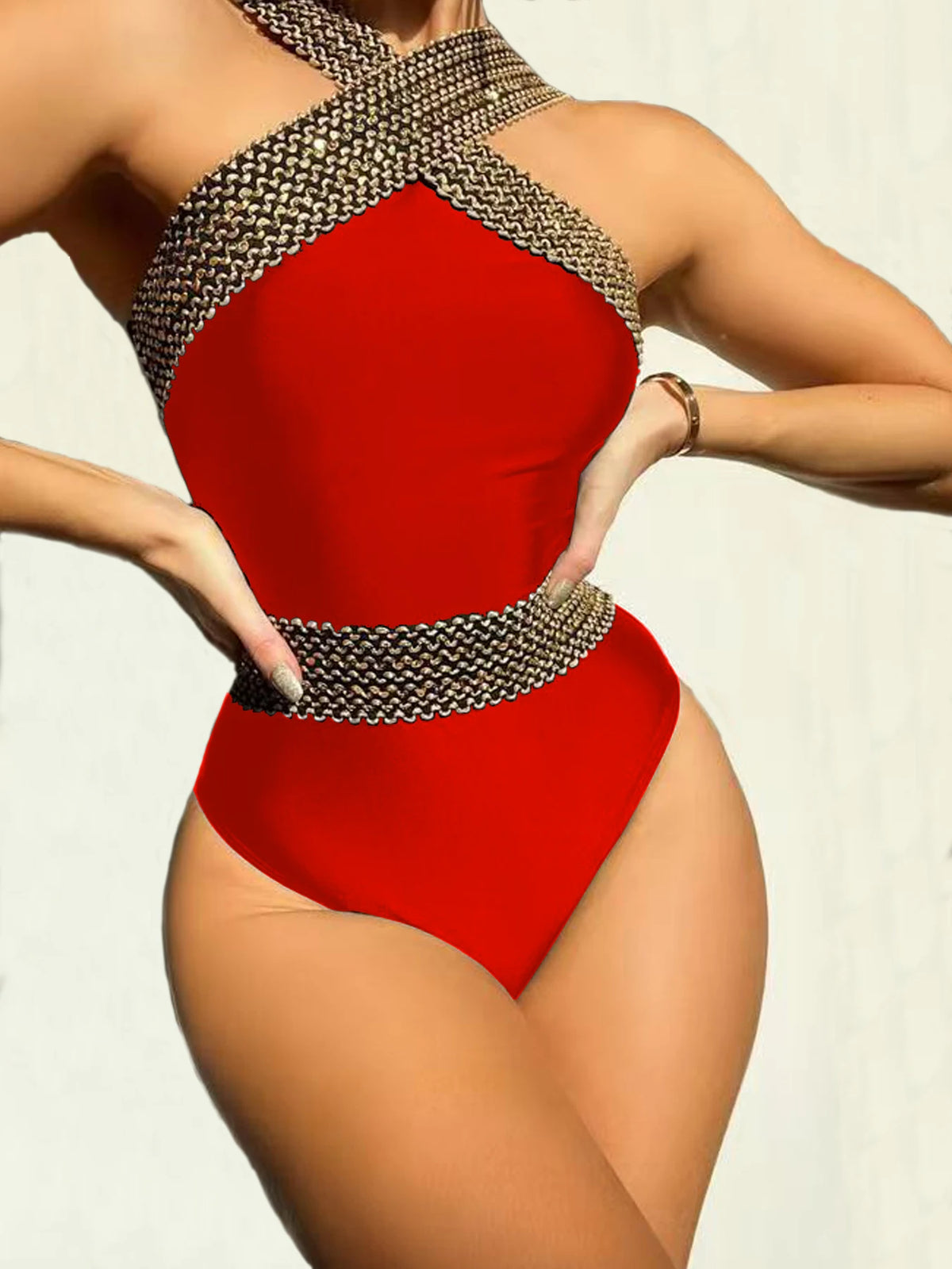 Damen-Badeanzug mit Neckholder und überkreuzten Trägern, einteilig, verstellbar, figurformend, modisch und bequem, für verschiedene Figurtypen
