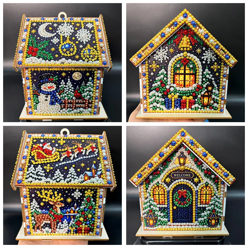 Diamond Painting Kit, Wooden Christmas House, DIY Gingerbread House, 3D Assembled Craft, Christmas Home Decor, Santa Snowman Dee
